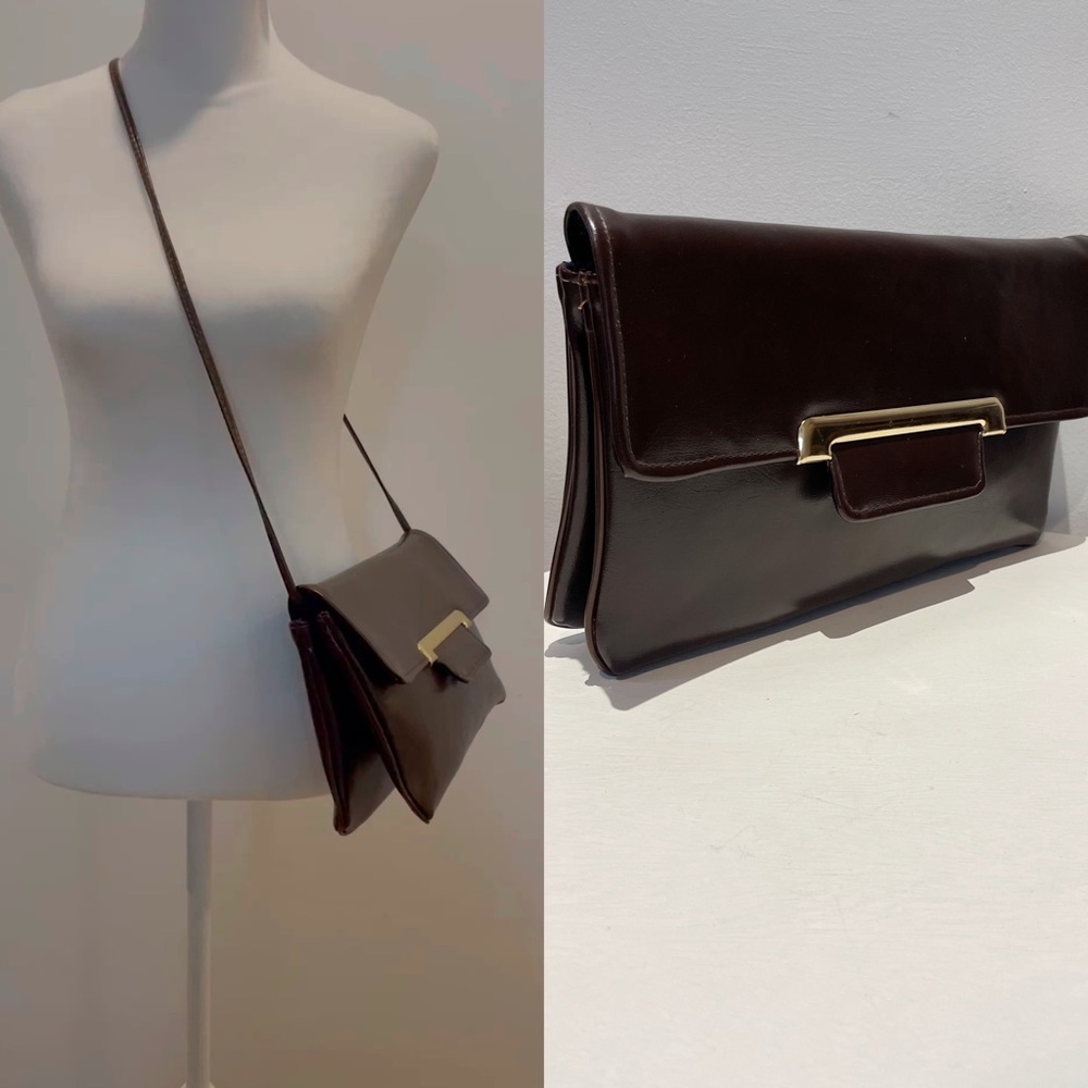 Vintage 70s Brown Vinyl Double Bottom Handbag/Clutch with Gold Tone Accent